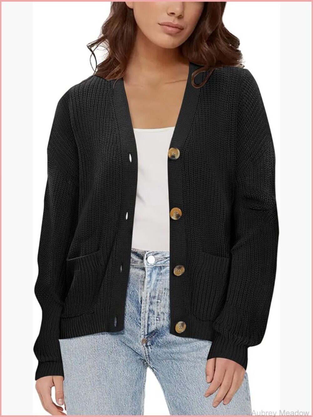 Lightweight Knit Open Front V-Neck Long Sleeve Button Down Cardigan with Pockets